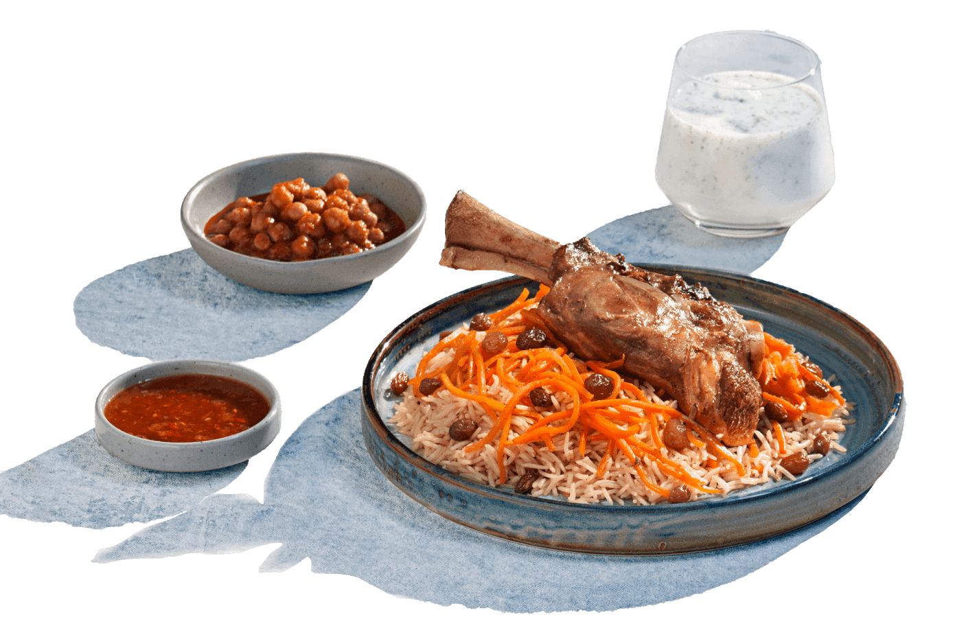 Slow-cooked lamb shank plated with aromatic rice